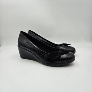 Vionic Womens 7.5 Wedge Pumps Lena Orthotic Comfort Bow Croc Embossed Black